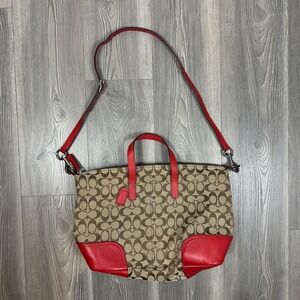 Coach Hadley Signature Canvas Zip Top Large Tote/Satchel with Red Accents